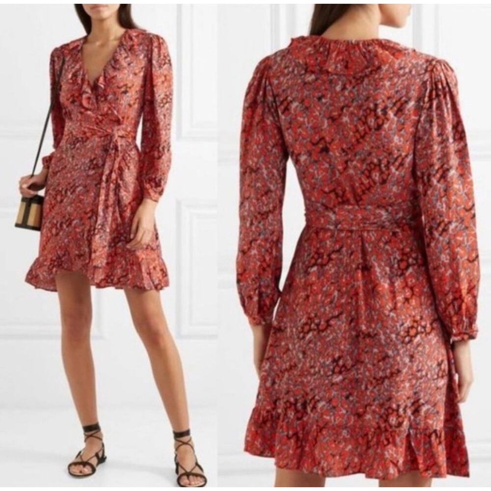 Maje Red Floral Ruffle Mini Dress